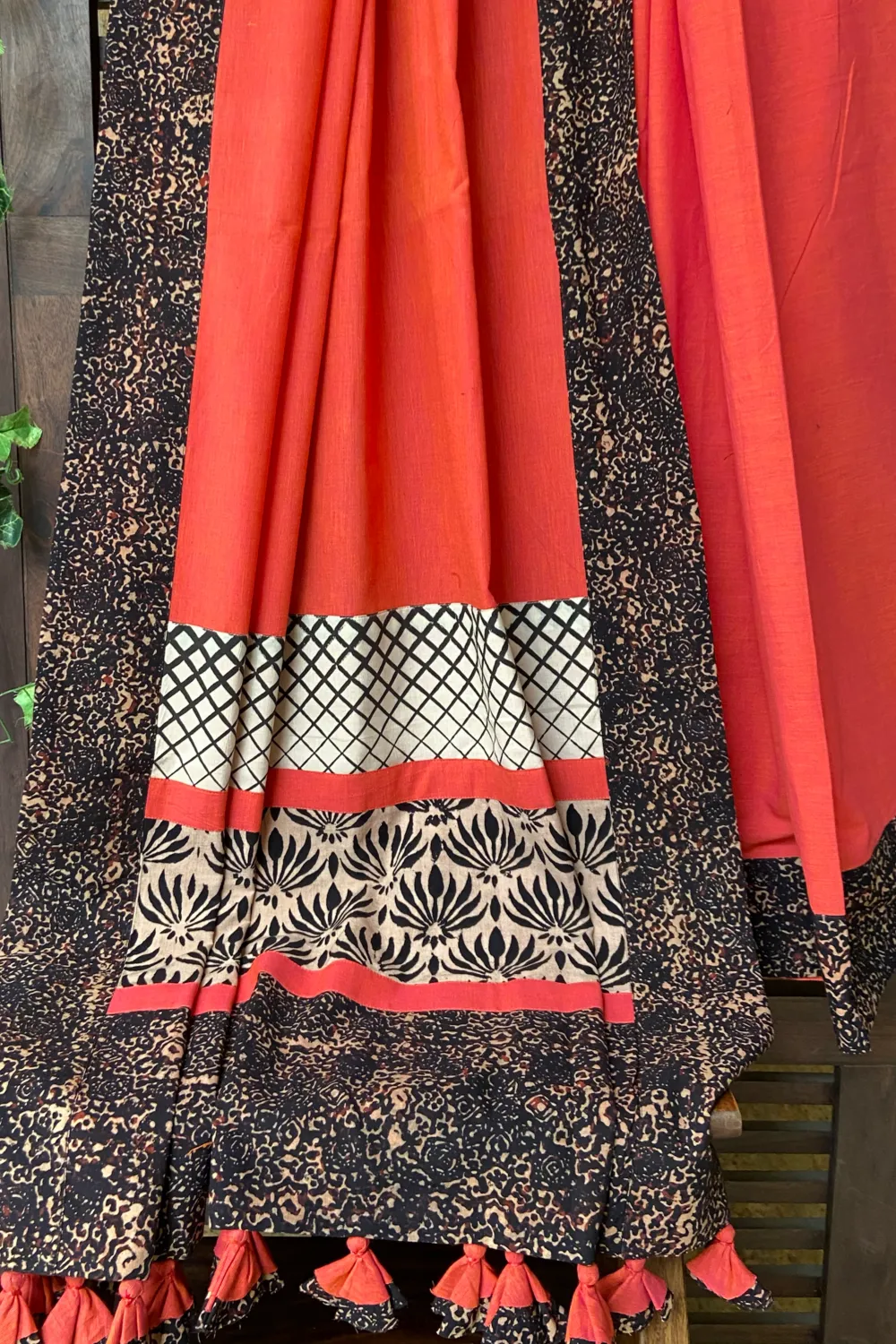 patchwork applique saree - peach buff & kohl leaves