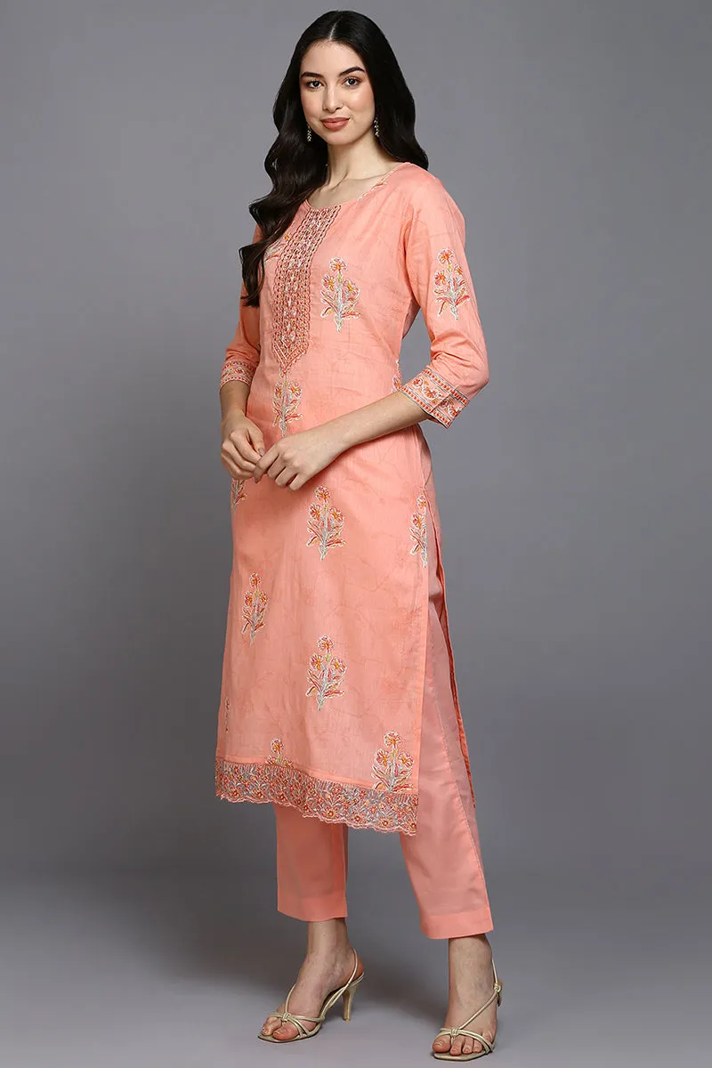 Peach Cotton Blend Floral Straight Suit Set