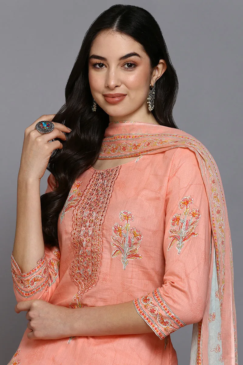 Peach Cotton Blend Floral Straight Suit Set
