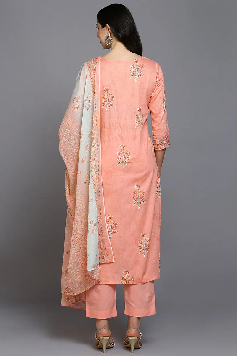 Peach Cotton Blend Floral Straight Suit Set