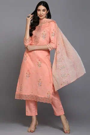 Peach Cotton Blend Floral Straight Suit Set