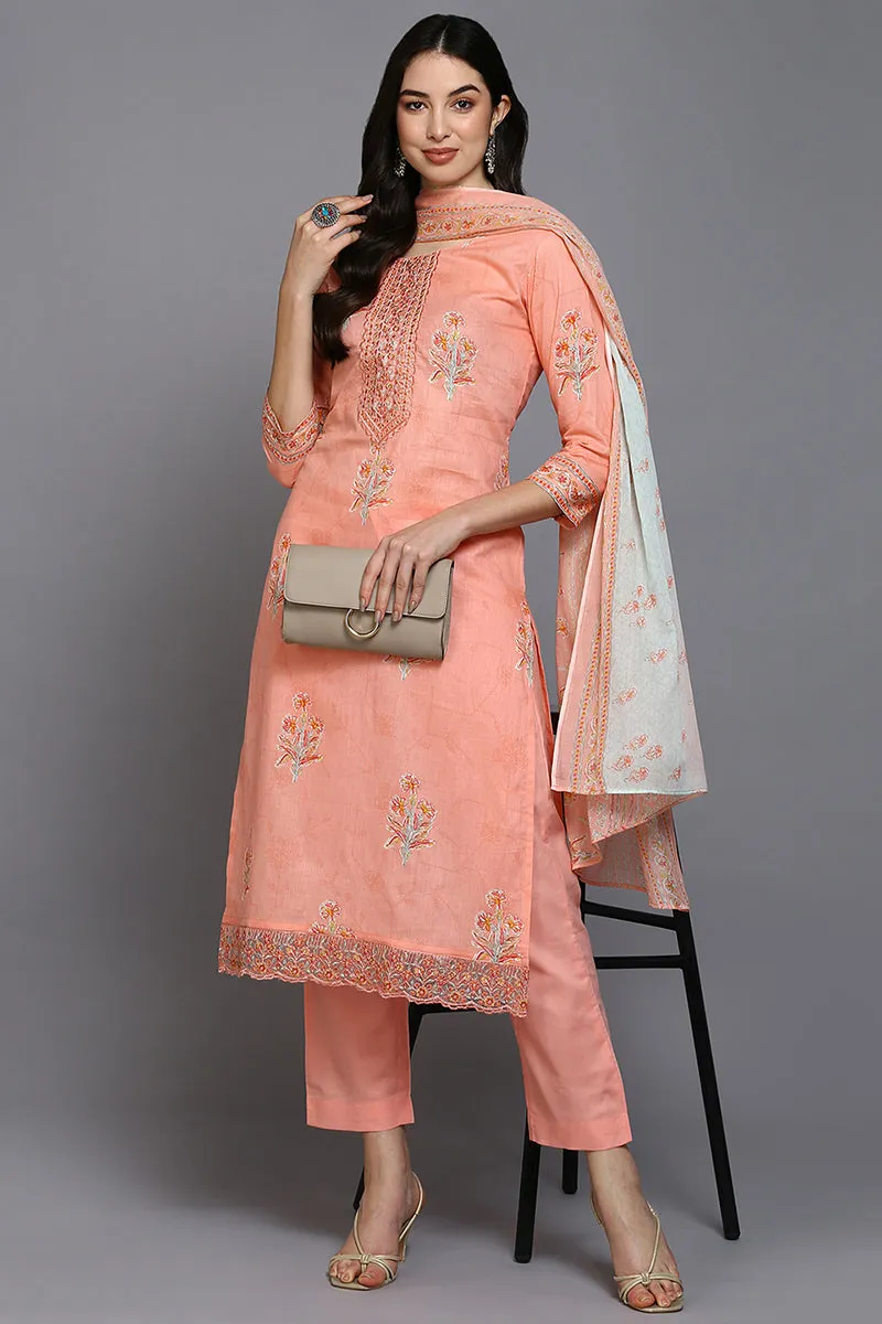 Peach Cotton Blend Floral Straight Suit Set