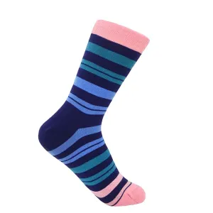 PEPER HAROW Elizabeth Stripe Women's Luxury Cotton Socks - Blueberry Teal and Pink