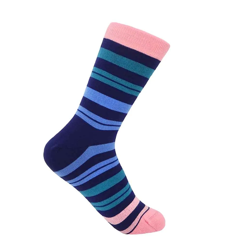 PEPER HAROW Elizabeth Stripe Women's Luxury Cotton Socks - Blueberry Teal and Pink
