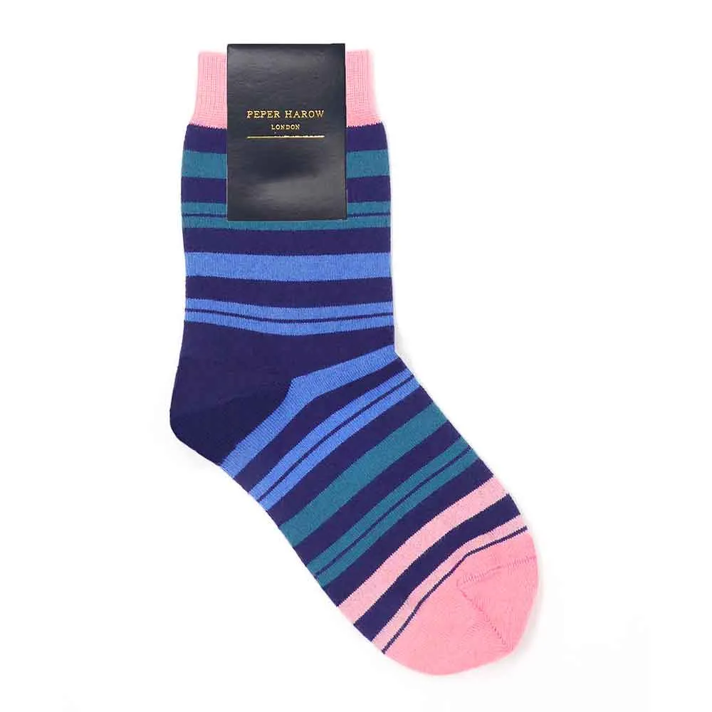 PEPER HAROW Elizabeth Stripe Women's Luxury Cotton Socks - Blueberry Teal and Pink