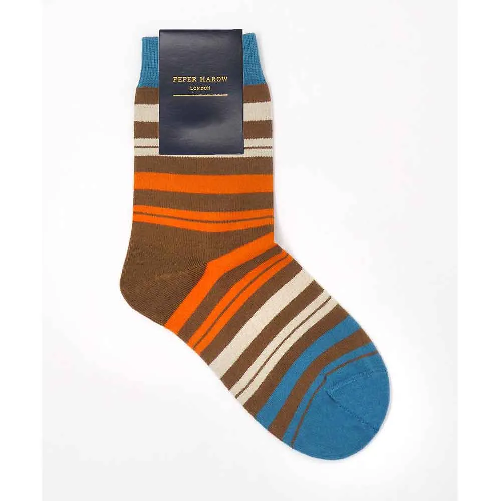 PEPER HAROW Elizabeth Stripe Women's Luxury Cotton Socks - Walnut Orange, Cream and Brown