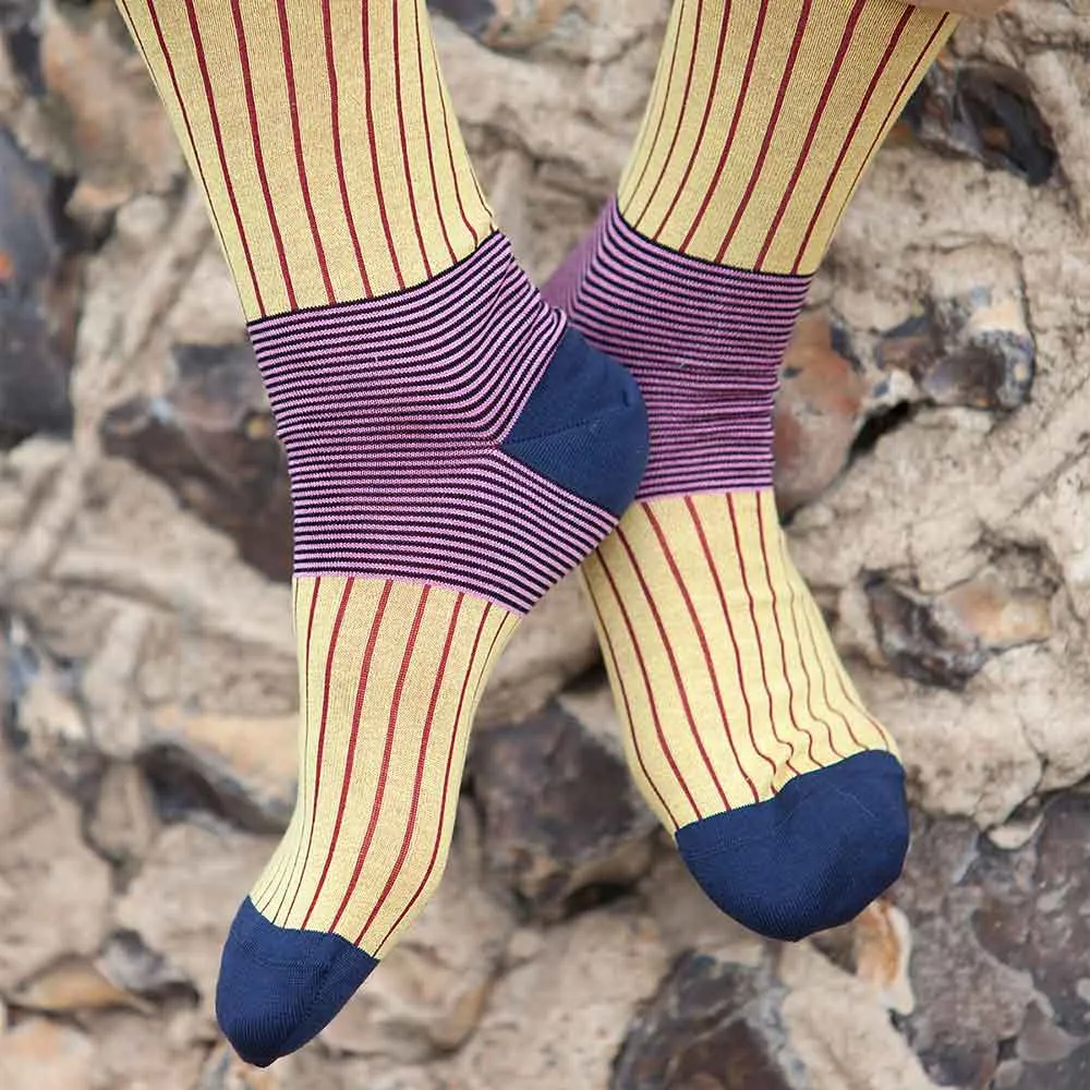 PEPER HAROW Oxford Pinstripe Men's Luxury Cotton Socks - Yellow and Pink