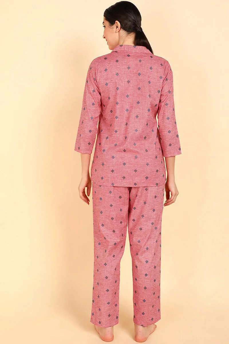 Pink Pure Cotton Geometric Print Night Suit