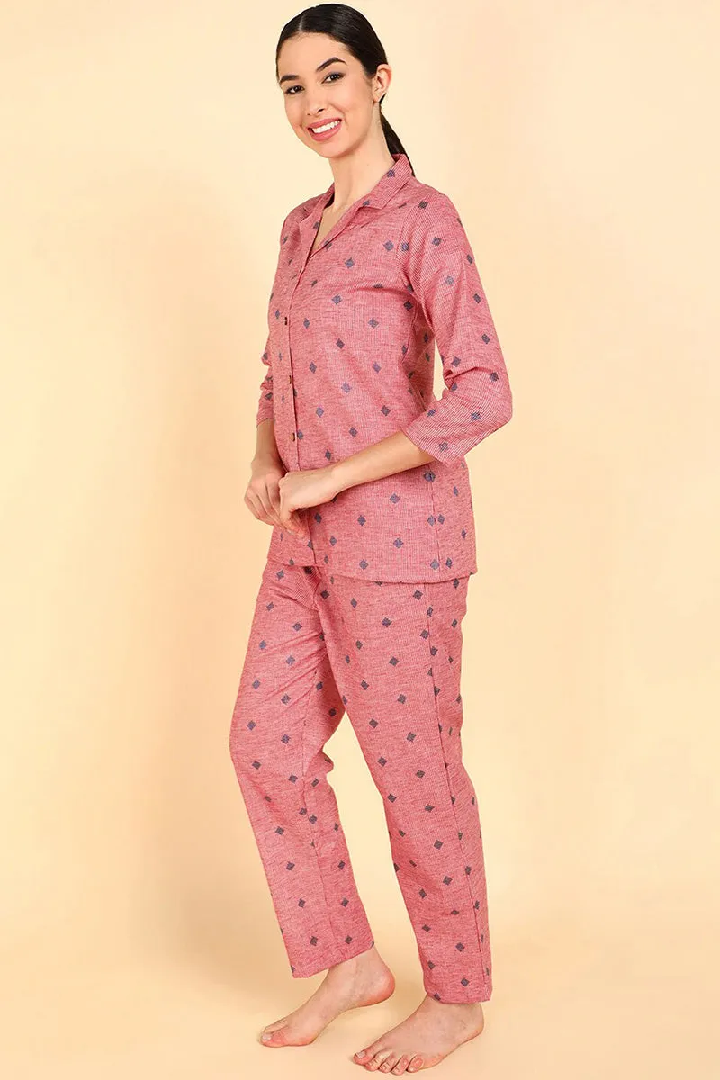 Pink Pure Cotton Geometric Print Night Suit