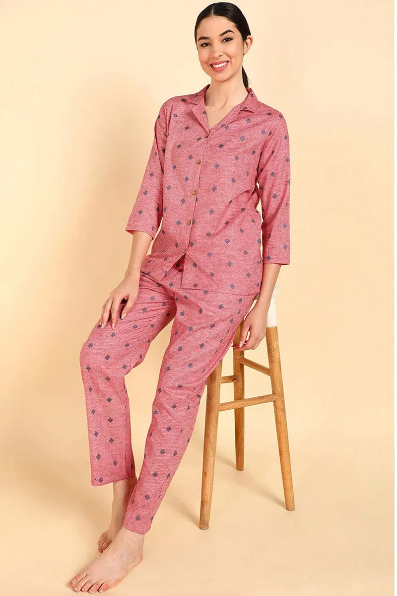 Pink Pure Cotton Geometric Print Night Suit