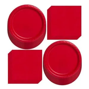 Ruby Red Paper Dinner Plates and Luncheon Napkins, Solid Red Party Supplies and Summer Picnic Table Decorations (Serves 16)