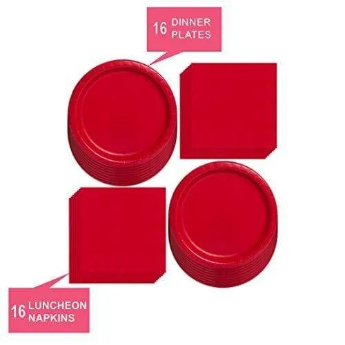 Ruby Red Paper Dinner Plates and Luncheon Napkins, Solid Red Party Supplies and Summer Picnic Table Decorations (Serves 16)