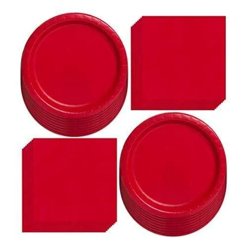 Ruby Red Paper Dinner Plates and Luncheon Napkins, Solid Red Party Supplies and Summer Picnic Table Decorations (Serves 16)