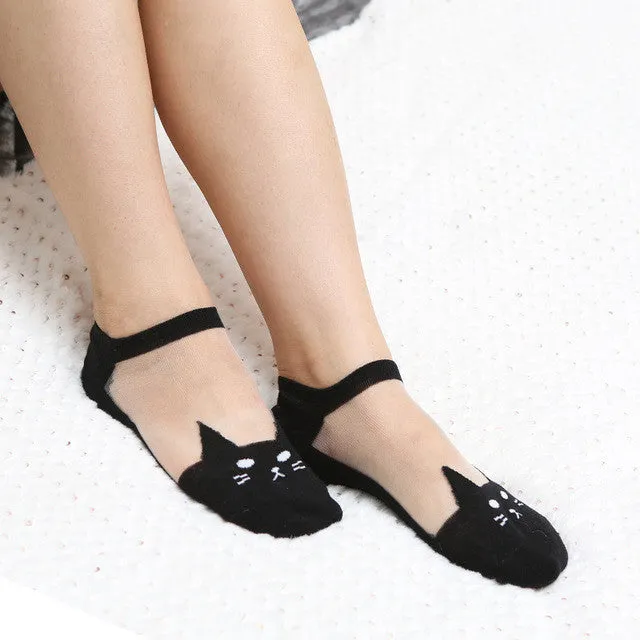 Sheer Cat Ankle Socks - in Black, White