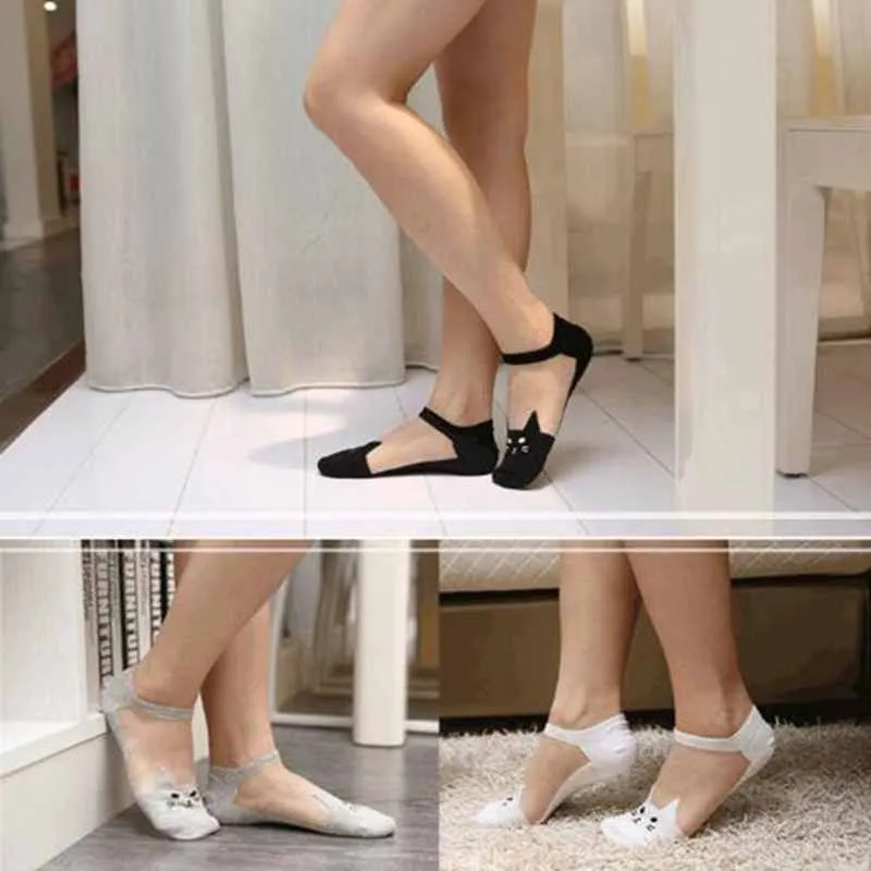 Sheer Cat Ankle Socks - in Black, White