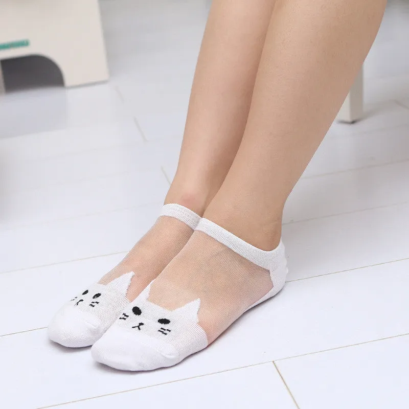 Sheer Cat Ankle Socks - in Black, White