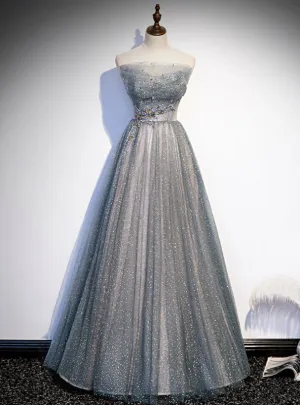Silver Gray Tulle Sequins Strapless Beading Prom Dress