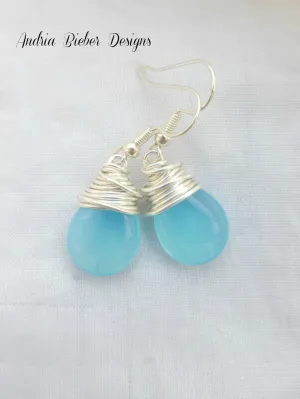 Sky blue transparent teardrop Czech Picasso glass, silver wire wrapping, sterling silver earrings.