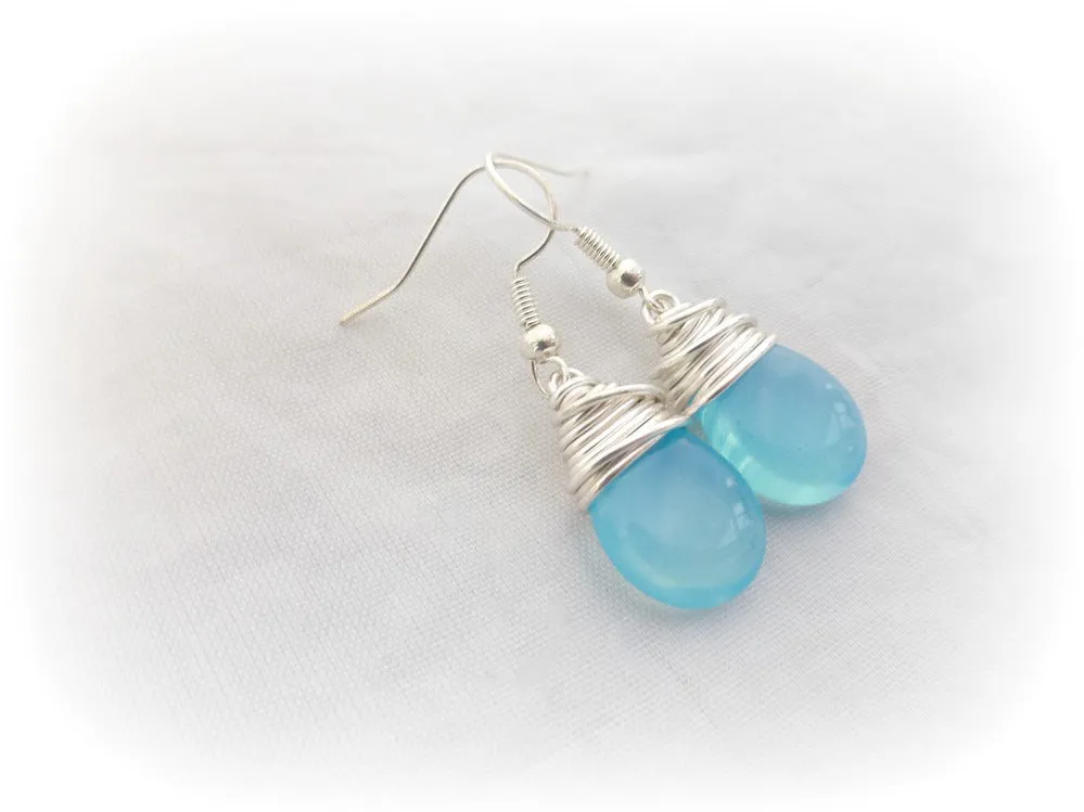 Sky blue transparent teardrop Czech Picasso glass, silver wire wrapping, sterling silver earrings.