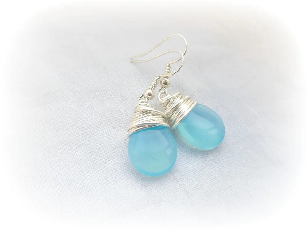 Sky blue transparent teardrop Czech Picasso glass, silver wire wrapping, sterling silver earrings.