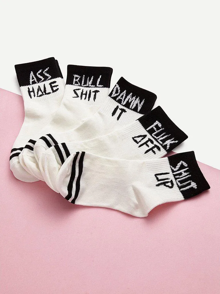 Slogan Print Ankle Socks 5pairs