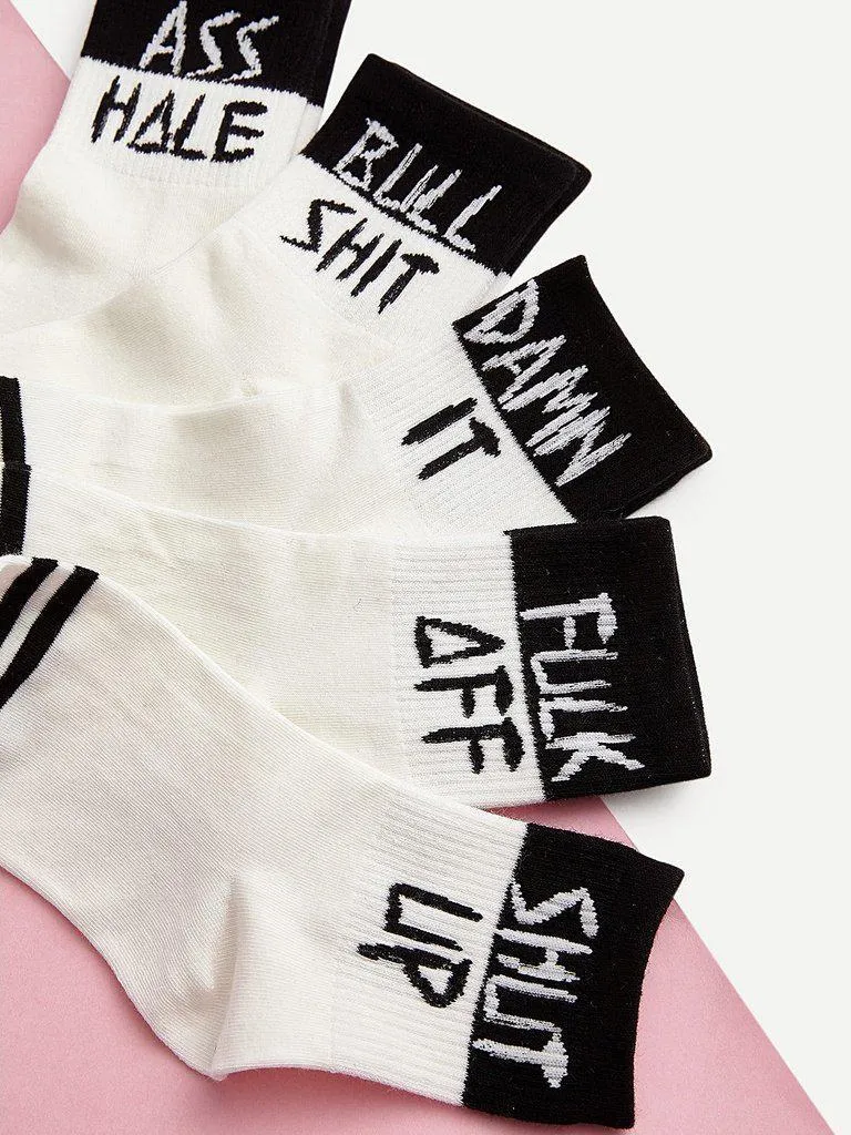 Slogan Print Ankle Socks 5pairs