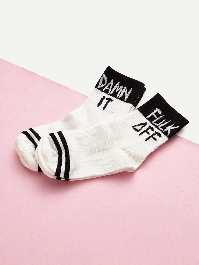 Slogan Print Ankle Socks 5pairs