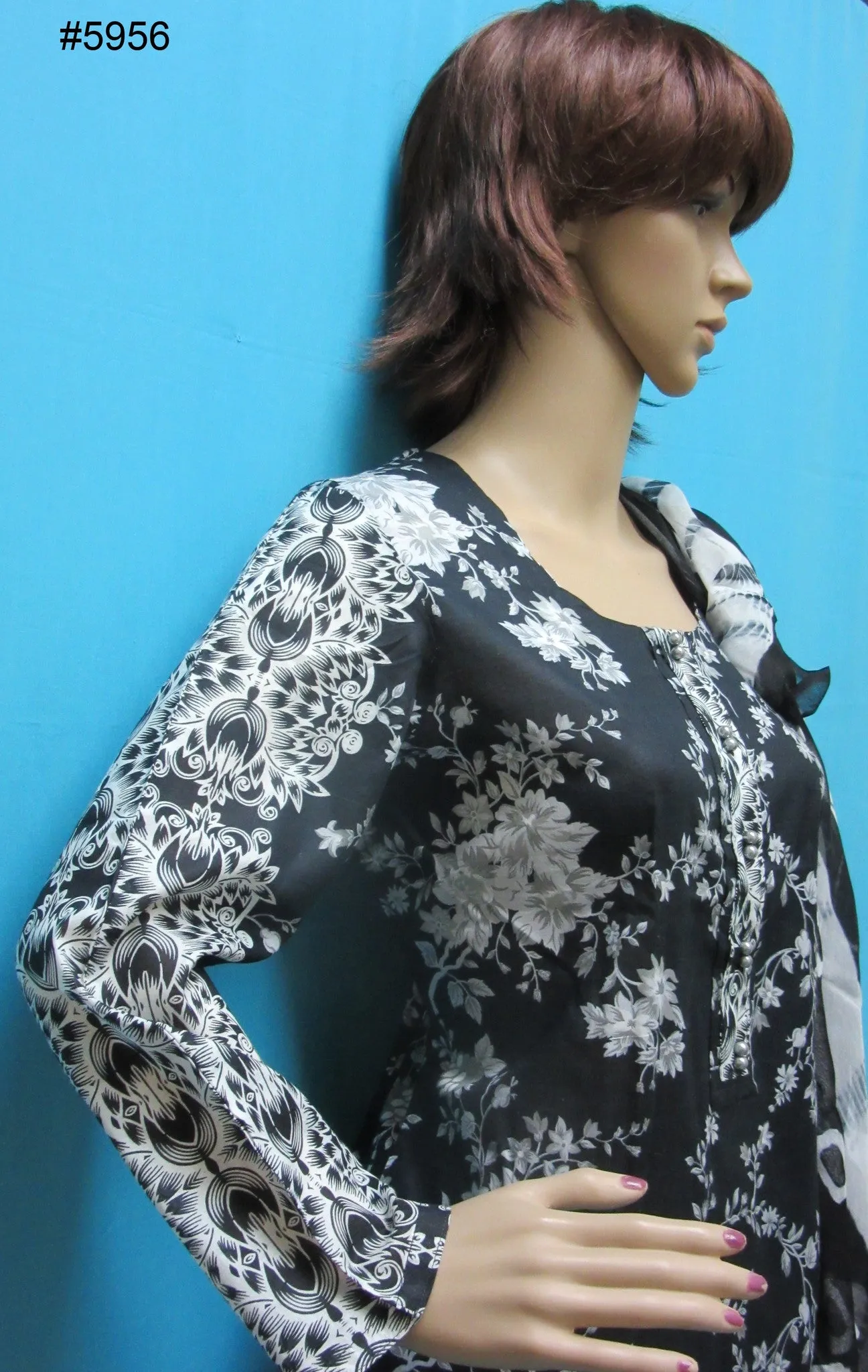 Suit 5956 Black Gray Printed Cotton Long Kameez Churidar Pakistani Suit