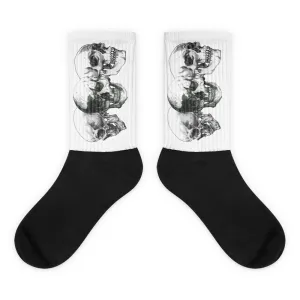 Triple Skulls Black foot socks illustrated by Robert Bowen