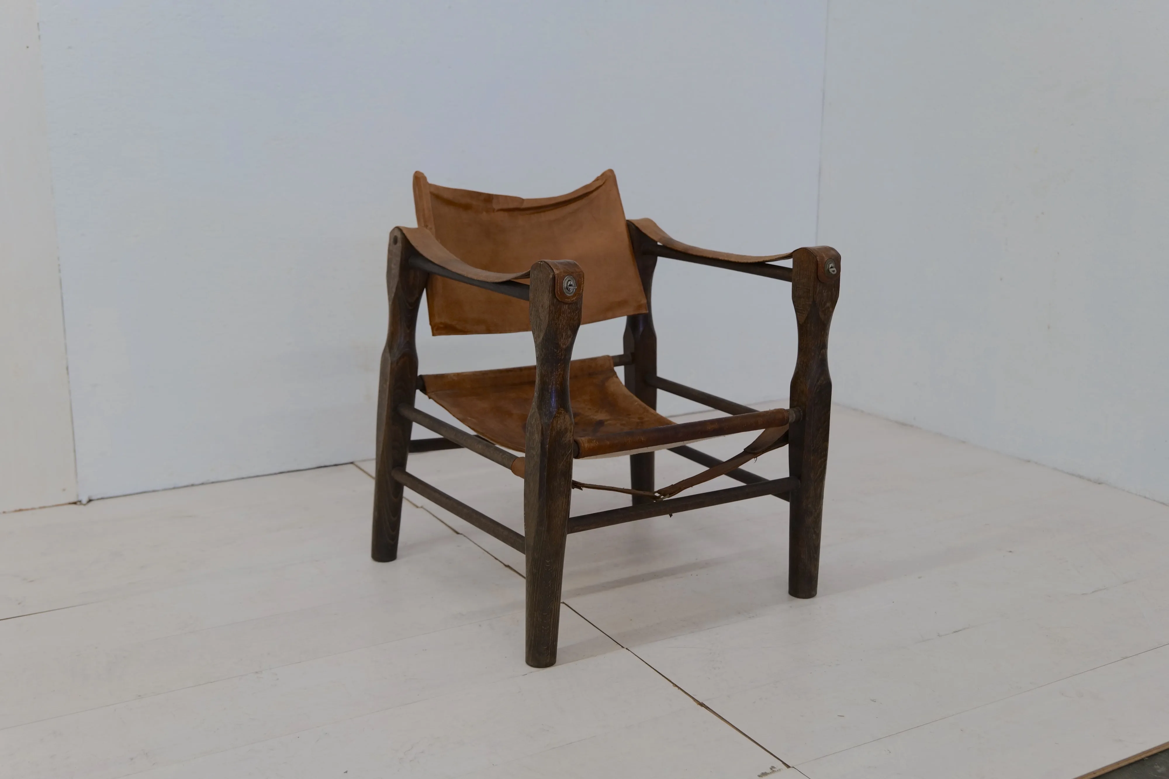 Vintage Italian Leather and Wood Safari Chair 1970s