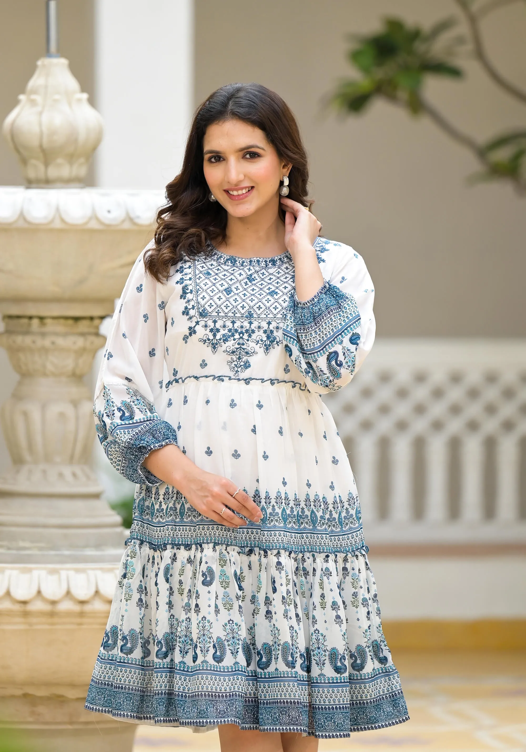 White Ethnic Motif Printed Georgette Dress With Thread Embroidery