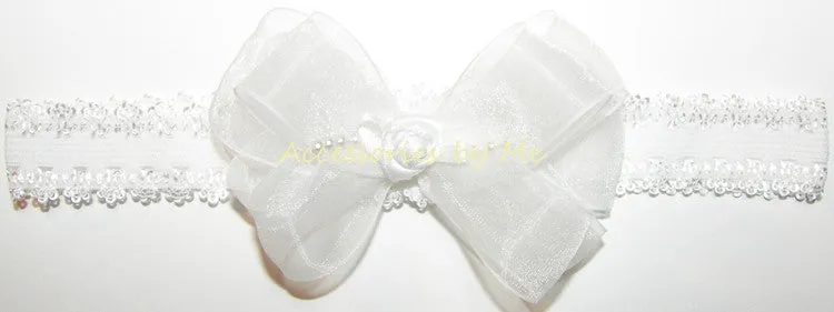White Organza Rosette Pearl Bow Headband
