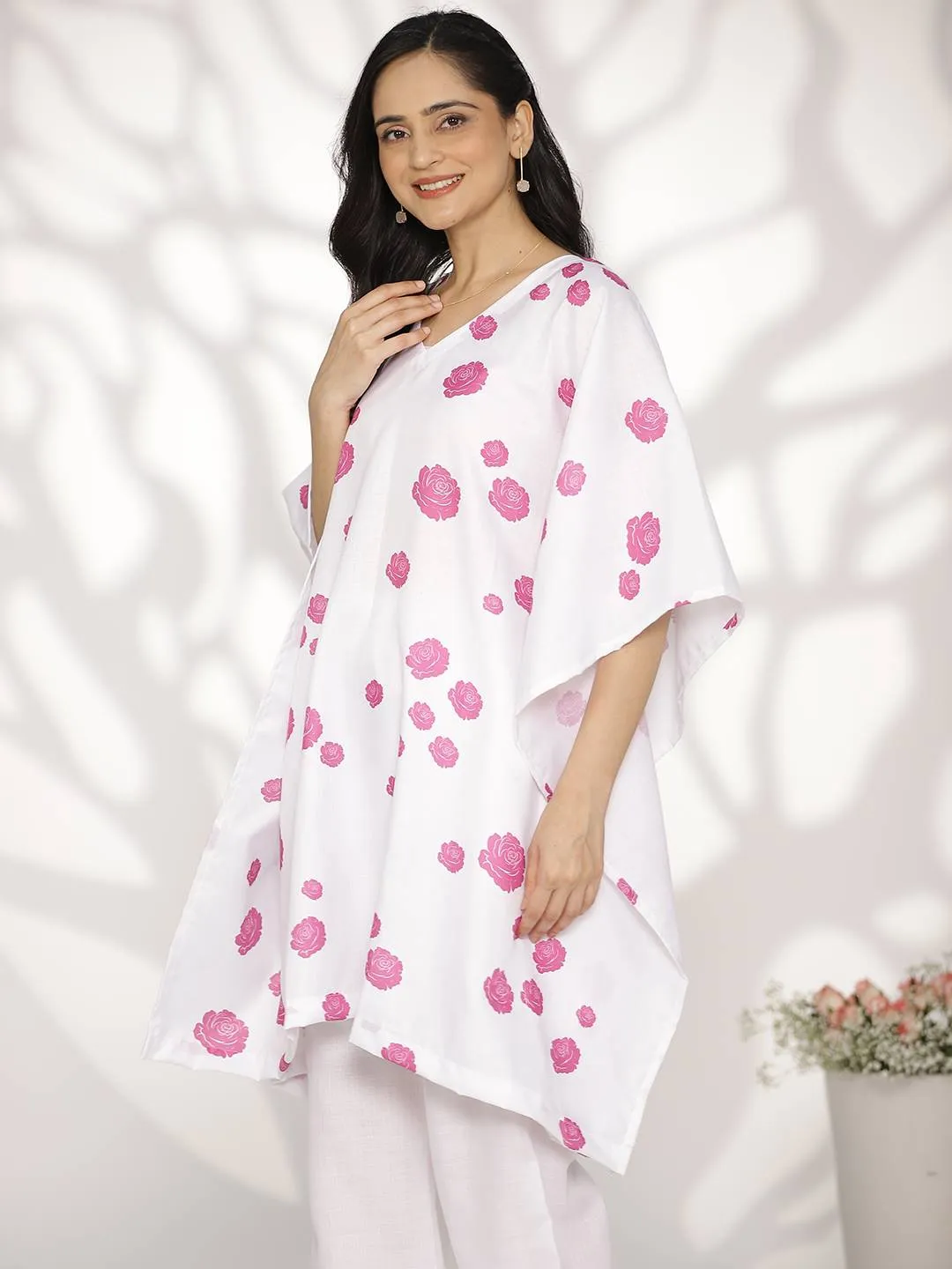White&Purple FloralCottonSlub KaftanKurta