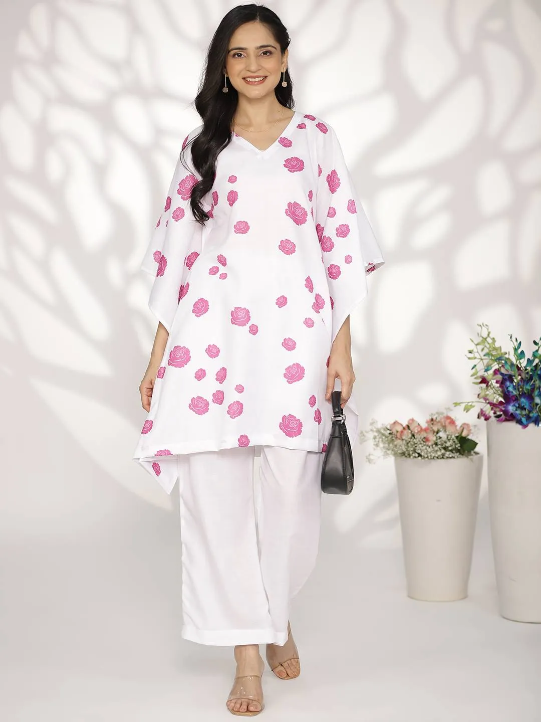 White&Purple FloralCottonSlub KaftanKurta