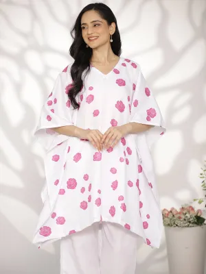 White&Purple FloralCottonSlub KaftanKurta