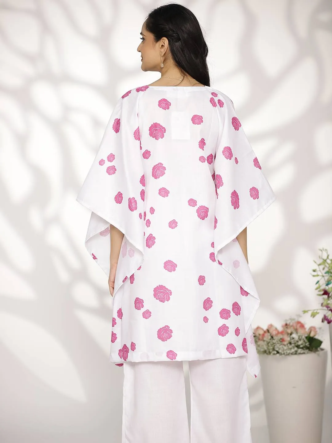 White&Purple FloralCottonSlub KaftanKurta