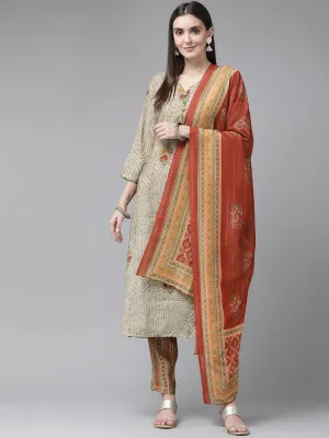 Women Charcoal Floral Printed Kurta With Palazzos & With Dupatta