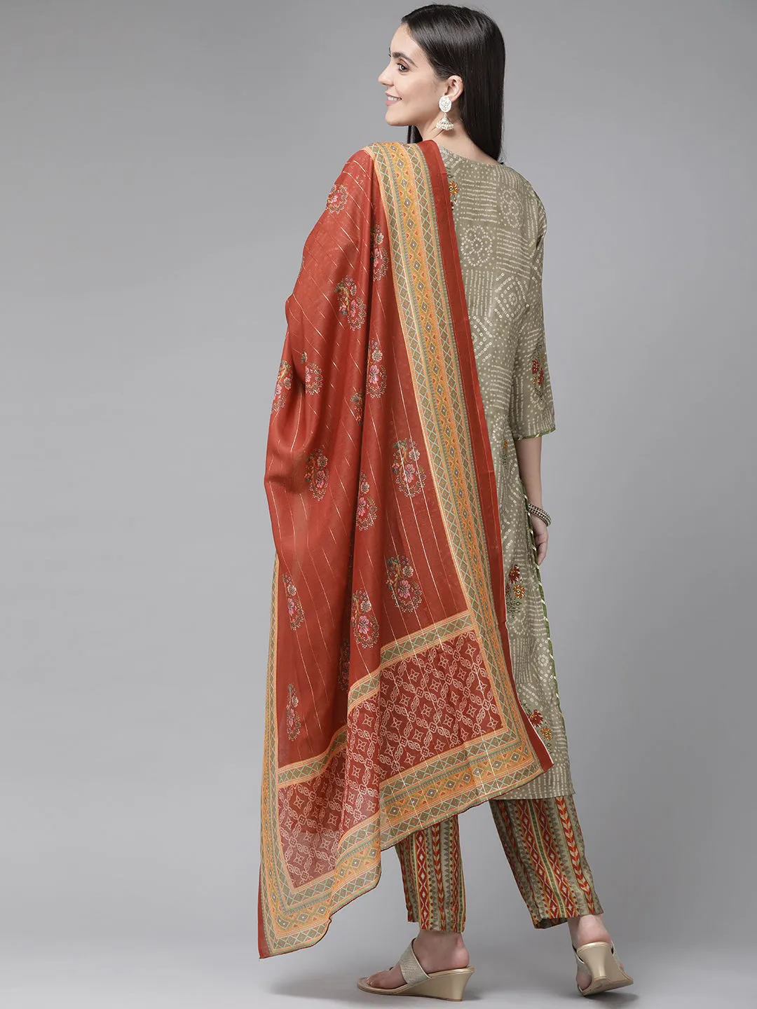 Women Charcoal Floral Printed Kurta With Palazzos & With Dupatta