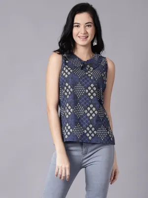 Women Navy Blue Casual Printed Peter Pan Collar Top