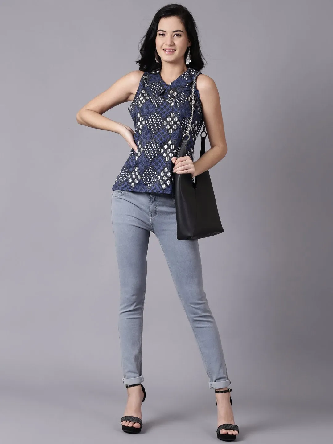 Women Navy Blue Casual Printed Peter Pan Collar Top