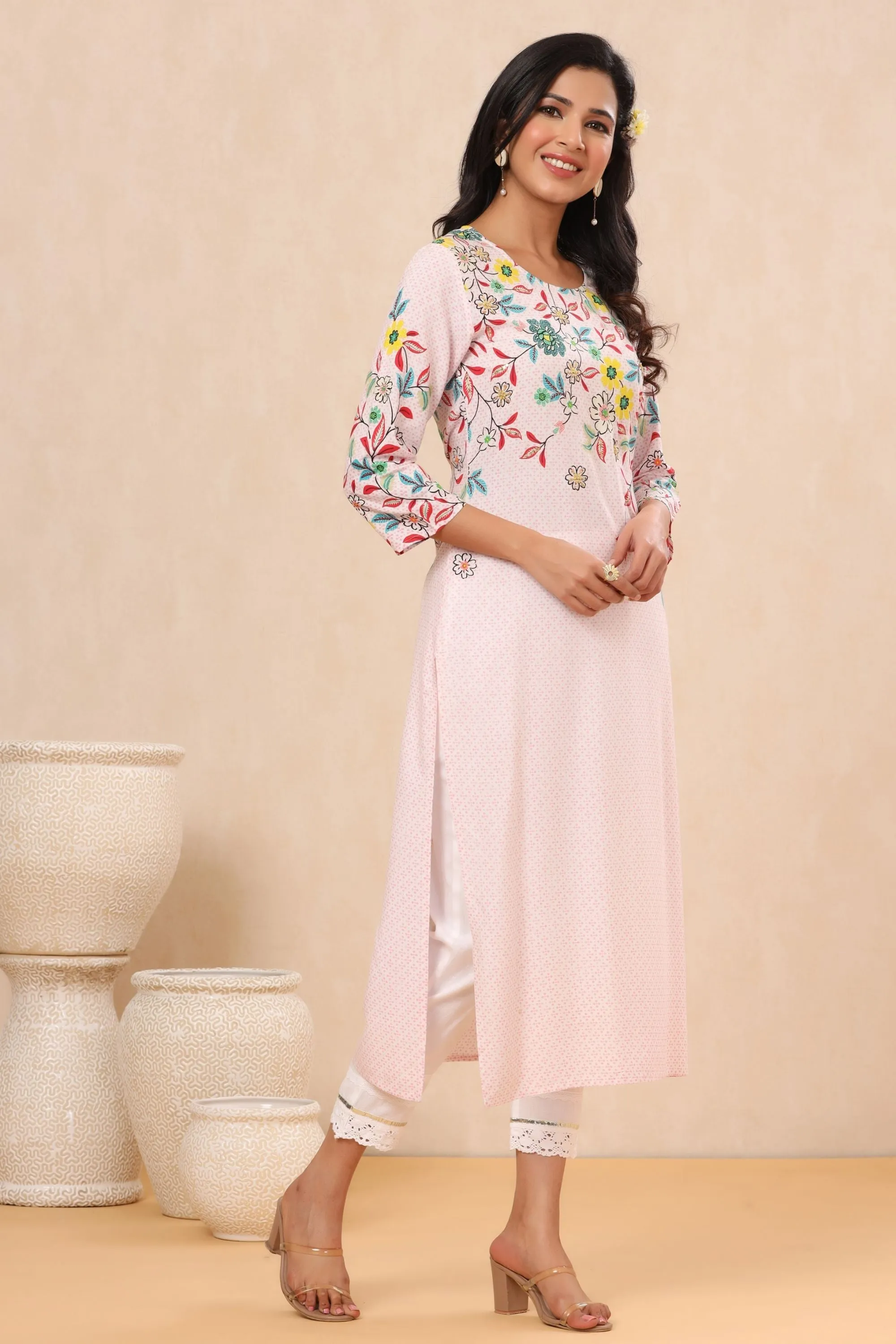 Women Pink Rayon Printed Kurta