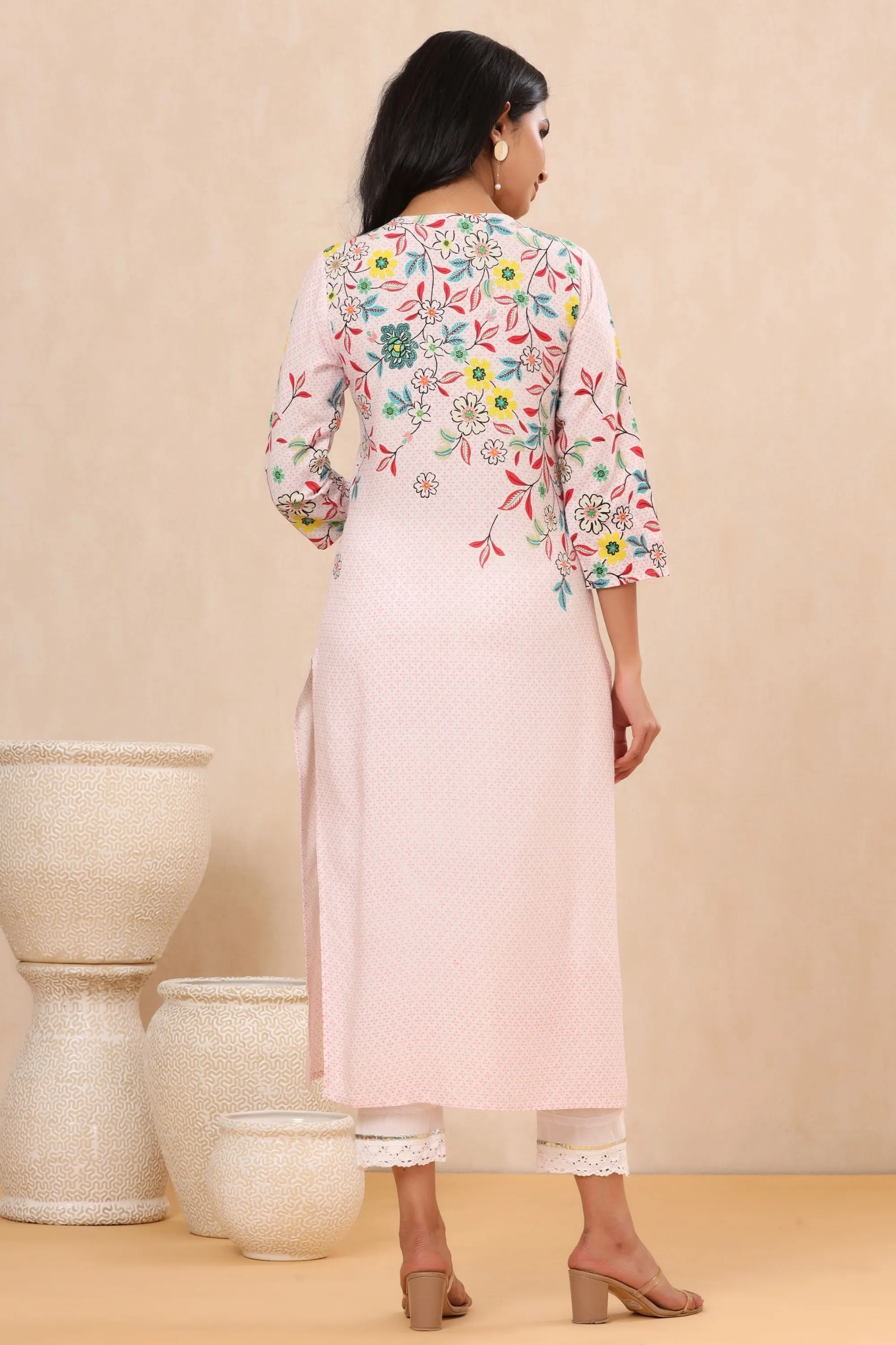 Women Pink Rayon Printed Kurta