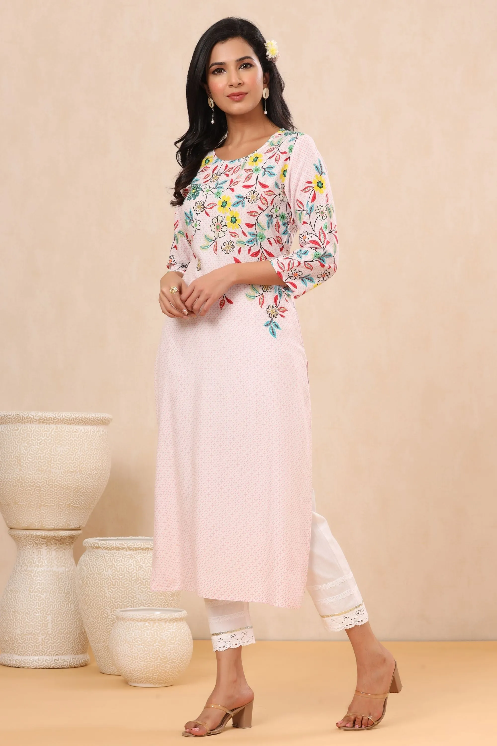 Women Pink Rayon Printed Kurta