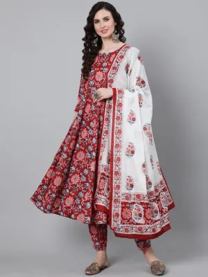 Women Red Floral Printed Kurta With Trouser & Dupatta