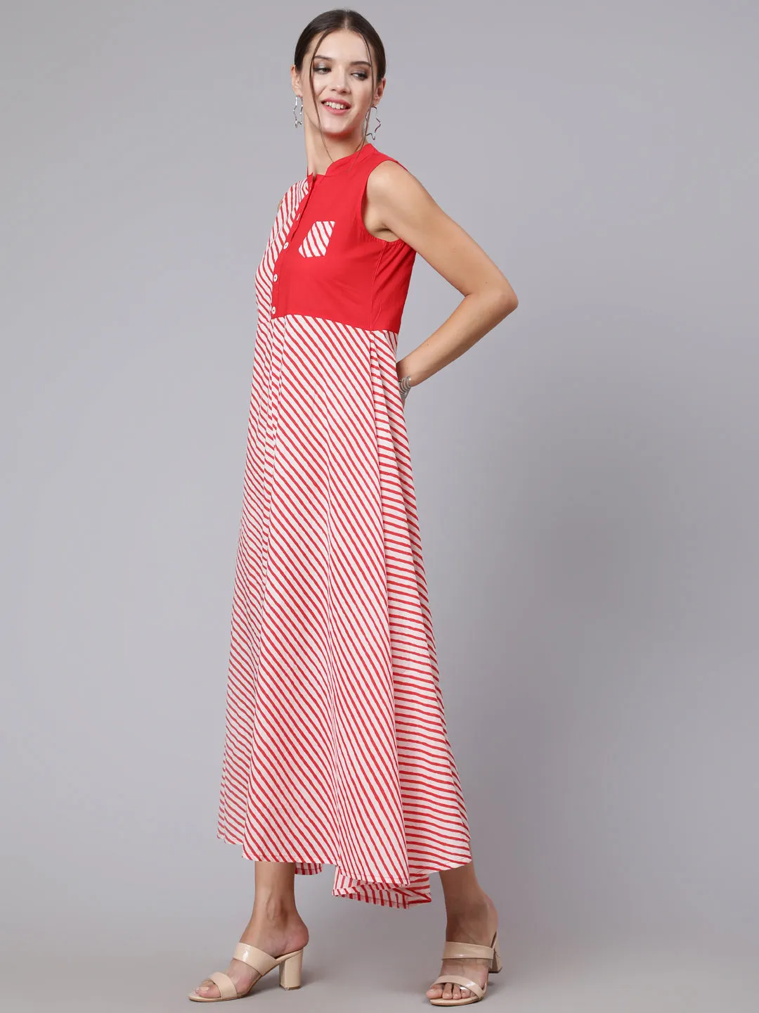 Women Red Stripe Printed Flared Sleeveless Dress
