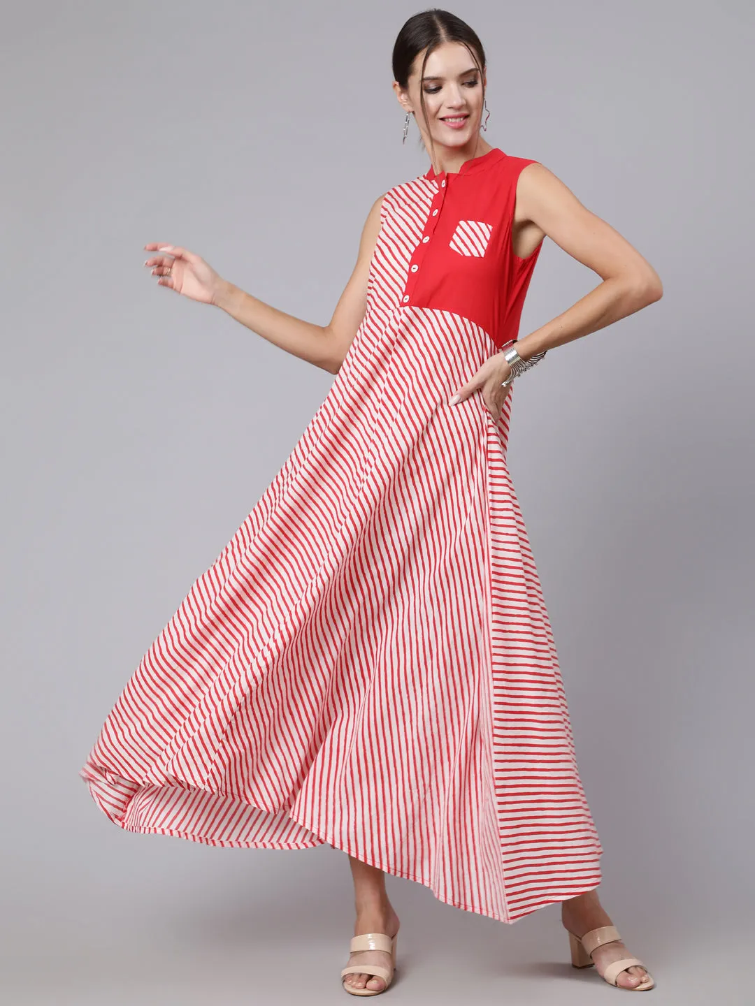 Women Red Stripe Printed Flared Sleeveless Dress