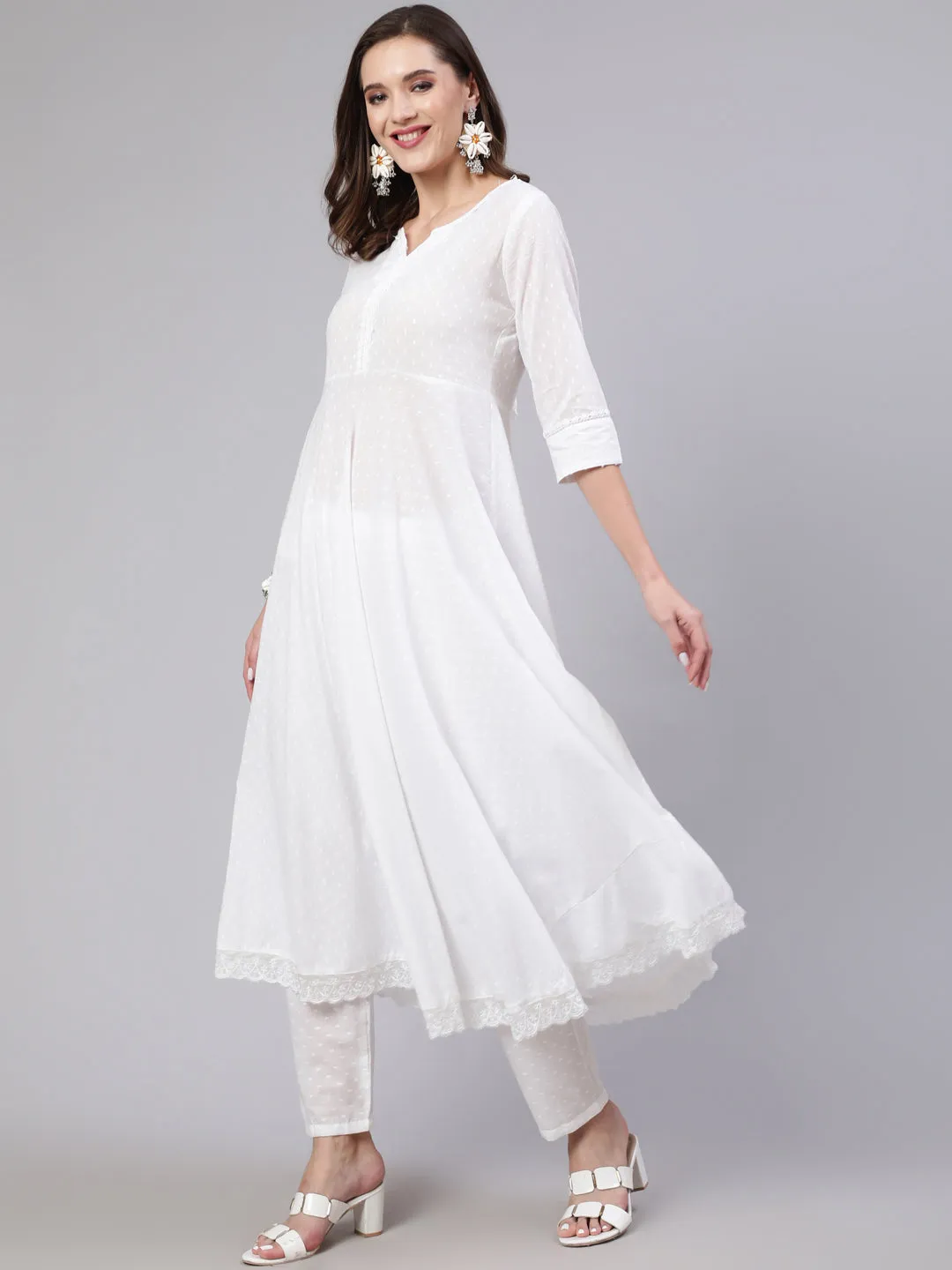 Women White Lace Details Flared Kurta With Trouser And Dupatta