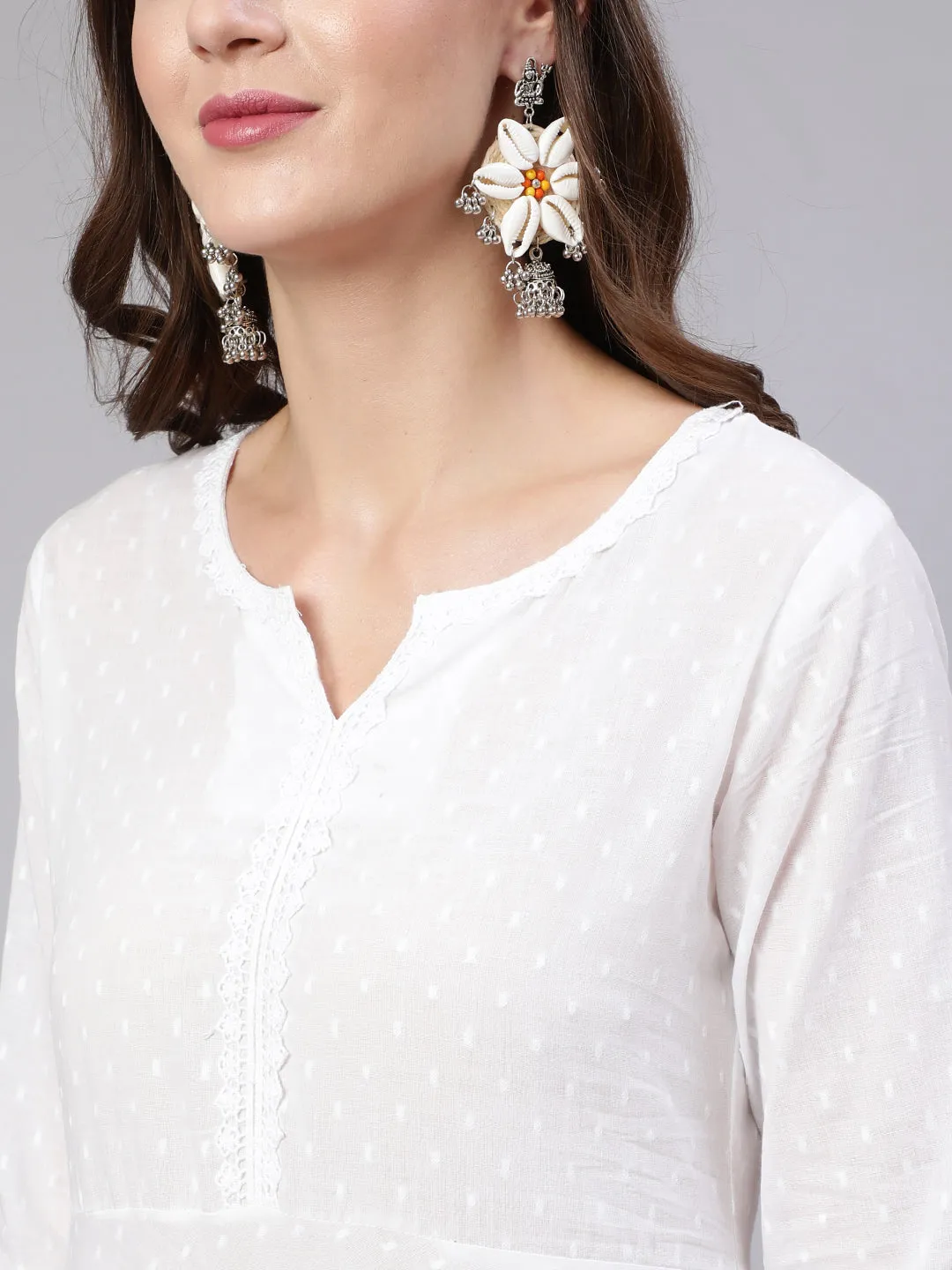 Women White Lace Details Flared Kurta With Trouser And Dupatta