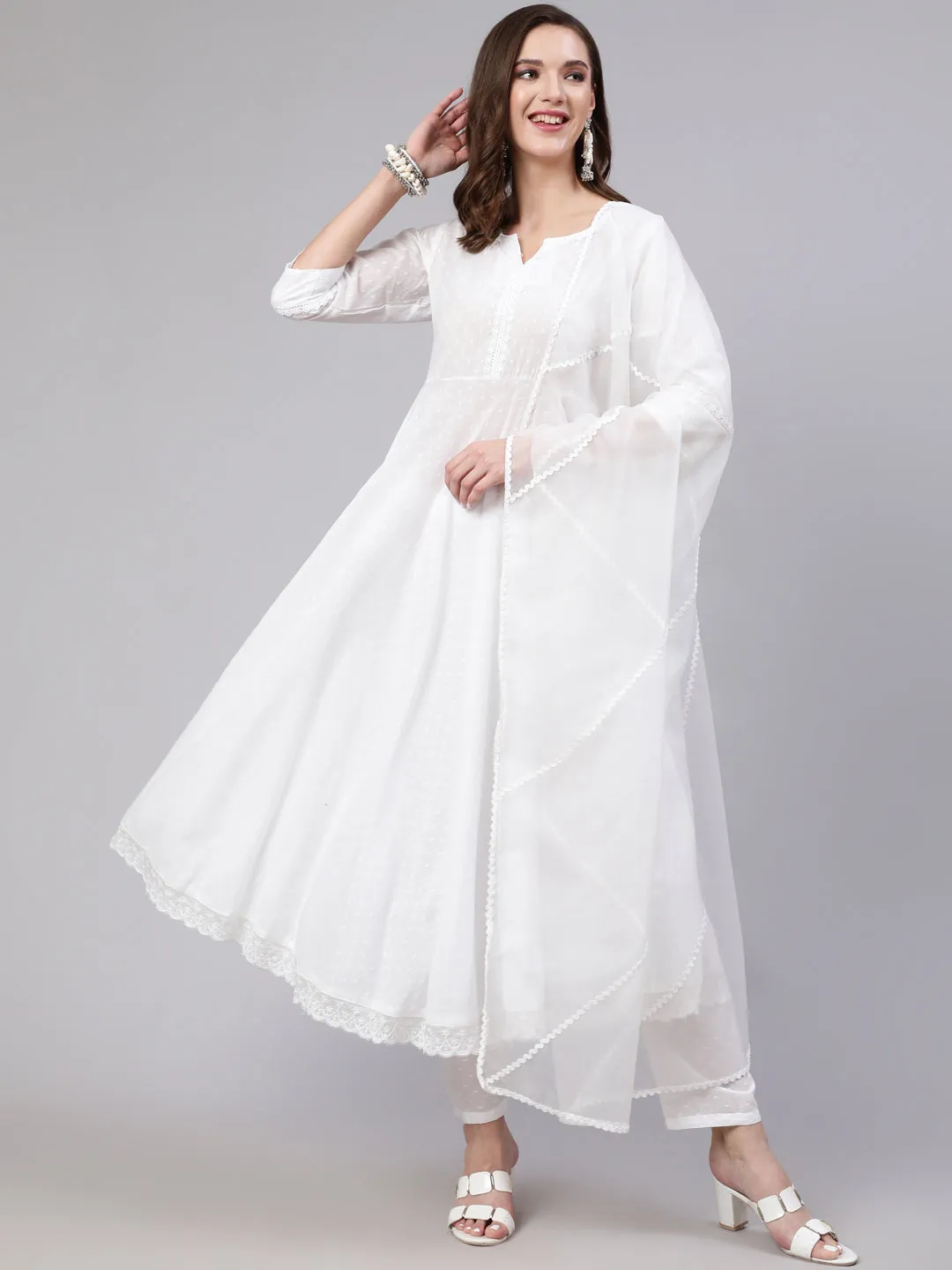Women White Lace Details Flared Kurta With Trouser And Dupatta