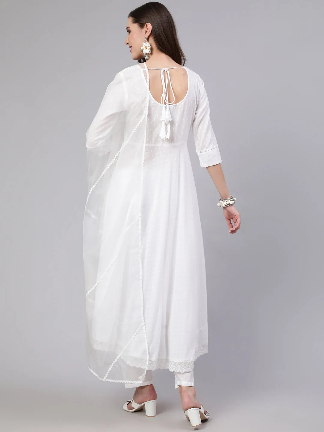 Women White Lace Details Flared Kurta With Trouser And Dupatta